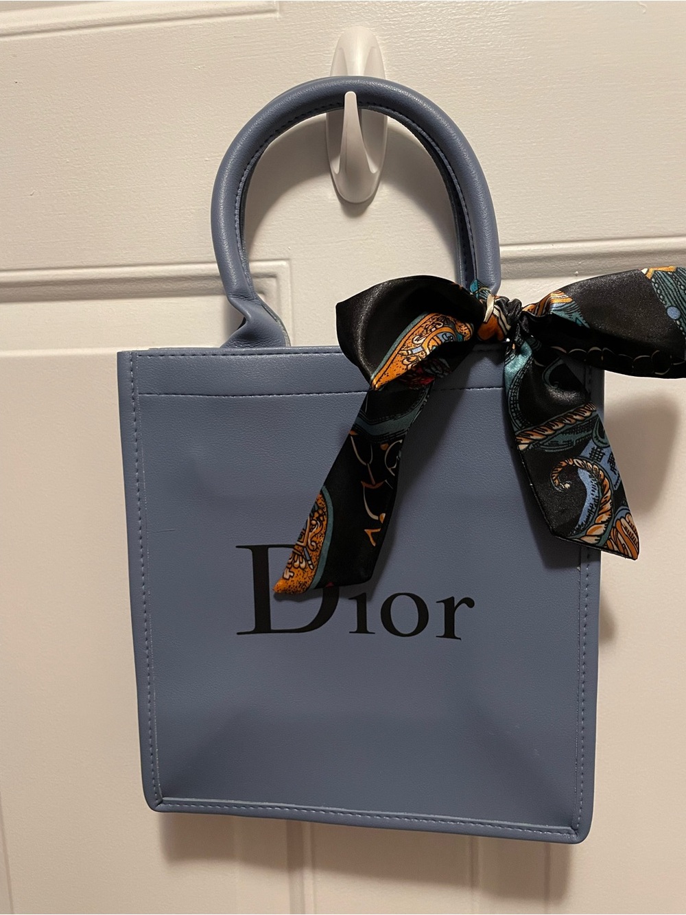 Fashion vegan leather blue Mini Tote Bag with Decorative Scarf - Picture 2 of 7